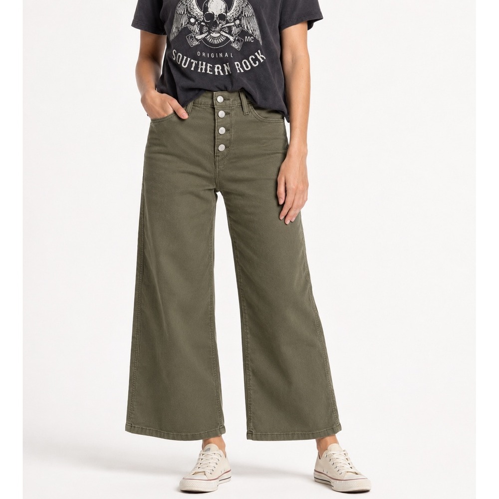 Levi's Mile High Cropped Wide Leg Size 30 Olive Green Button Fly Gorpcore